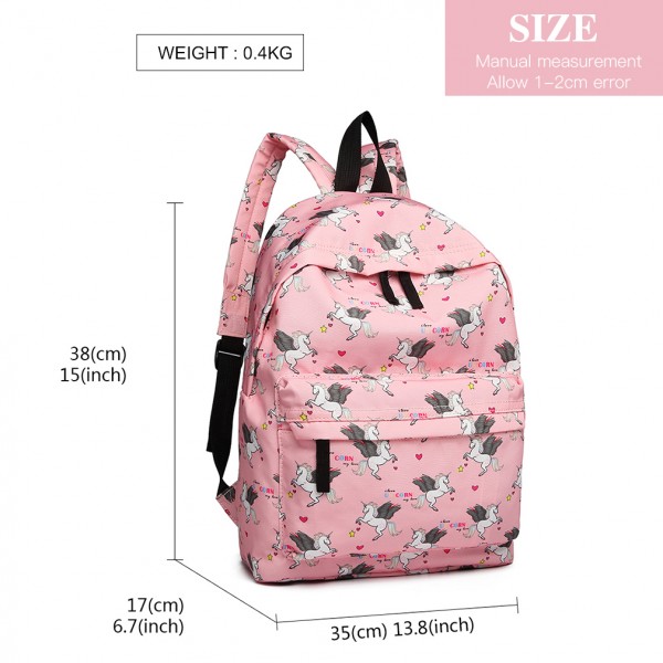 E1401 UN - Miss Lulu Large Backpack Unicorn Print - Pink